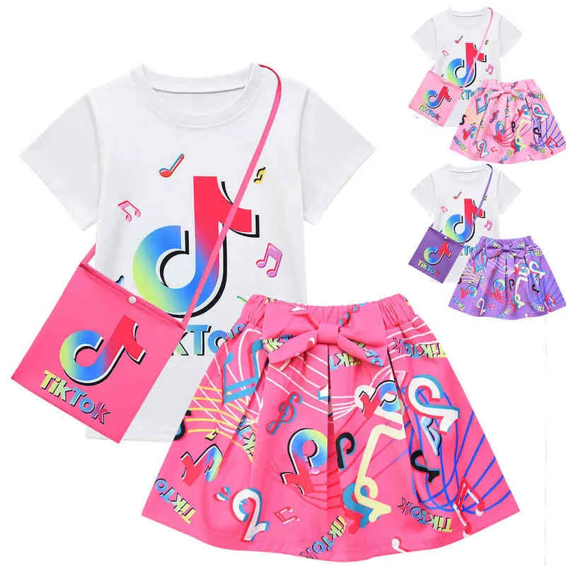 Tiktok Tiktok Children's Set Kirt Girls 'Three Piece Set Short Sleeve Kort kjolväska 3531