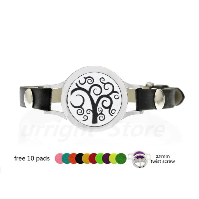 Braccialetti con ciondoli Tree Of Life Hippocampi Mouse Diffusore di oli essenziali Bracciale con medaglione Pu Leather Twist Screw 25mm For Women Aroma BraceletChar