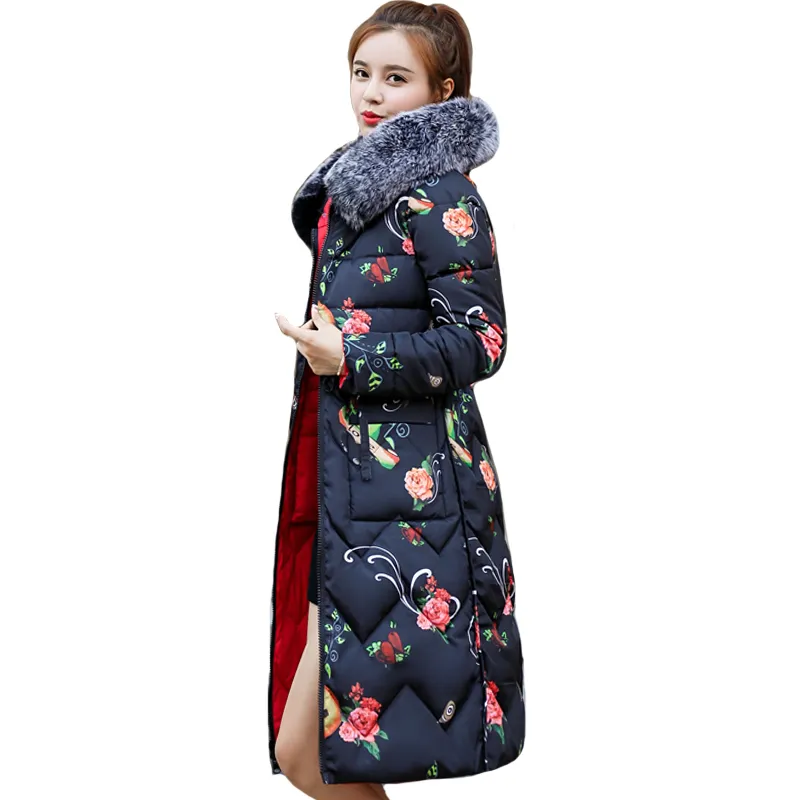 Ambos os dois lados podem ser usados ​​na chegada da jaqueta de inverno feminino com peles com capuz com casaco comprido e acolchoado, impressão de moda parka 201026