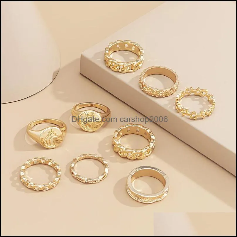 Moon combination Band ring set fashion personality cold wind alloy carved joint-ring simple and versatile hollow star 8 word Cuban chain rings jewelry