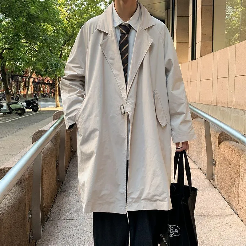 Men's Trench Coats Large Size Black/Beige Coat Fashion Casual Long Men Korean Loose Oversized Windbreaker Jacket Mens Overcoat Viol22