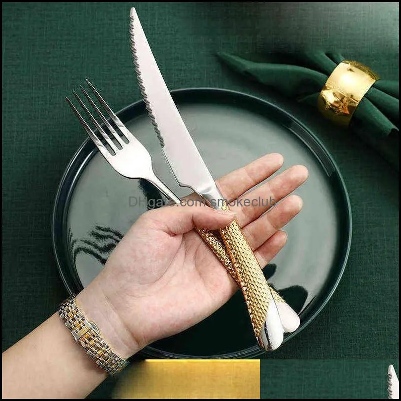 Tableware Home Cutlery Set Golden Stainless Steel Dinnerware Silverware Complete Fork Spoons Knives 0221