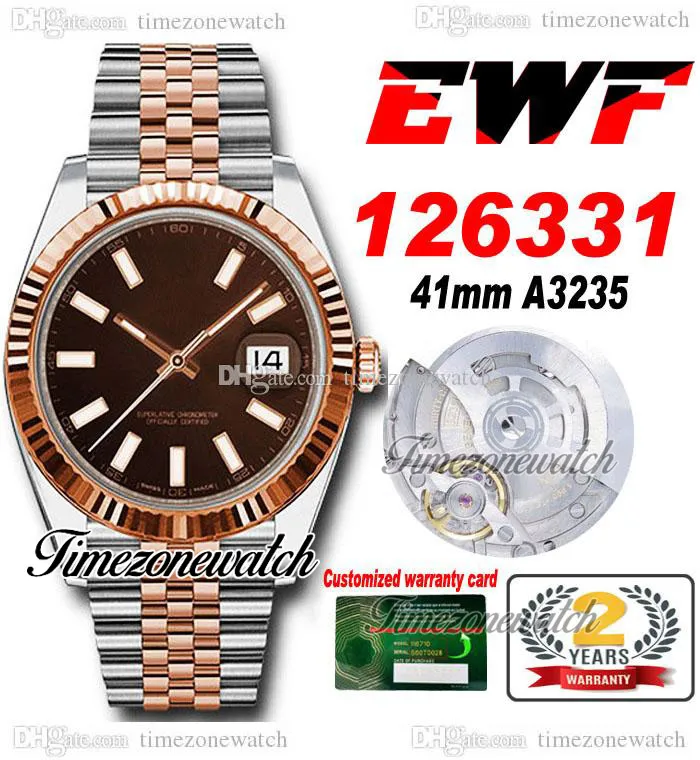 EWF 41mm 126331 A3235 Automatisk mens Watch Two Tone Rose Gold Brown Stick Dial JubileSeel Bracelet Super Edition samma serie garanti TimezoneWatch B2