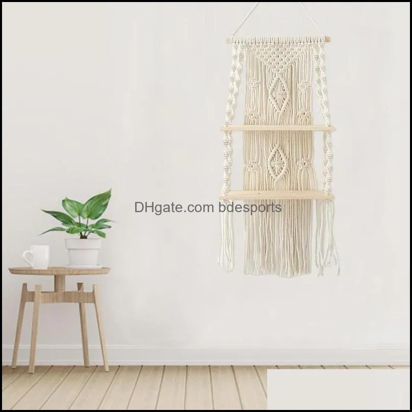 Other Home Decor Macrame Shelf 2 Tier Woven Tapestry Handmade Boho Decorative Floating Shelves Bohemian Wall-mounted Storage For