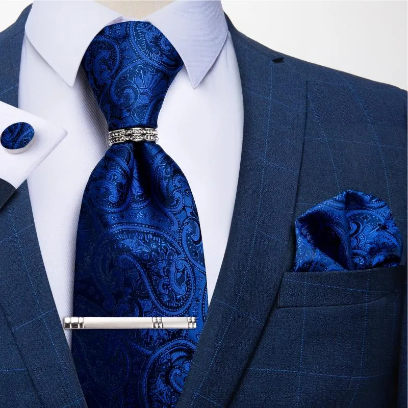 Bow Ties Luxury Royal Blue Paisley Men's Tie Set Wedding Accessories For Men Clip Ring Handkerchief Cufflinks Gifts MenBow