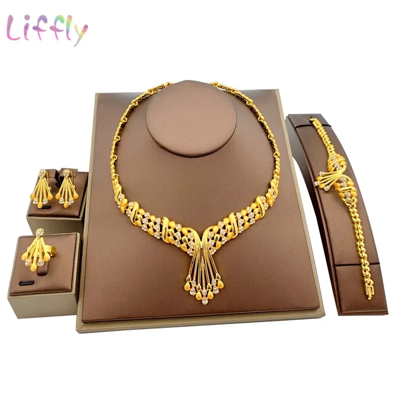 Liffly African Dubai Gold Brautschmuck Sets für Frauen Armband Ohrringe indische Hochzeit Party Kristall Ring Schmuck Sets 200923