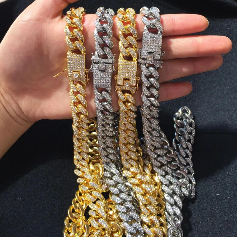 Mens Iced Out Chain Hip Hop Jewelry Necklace Bracelets Gold Silver Miami Cuban Link Chains Necklaces