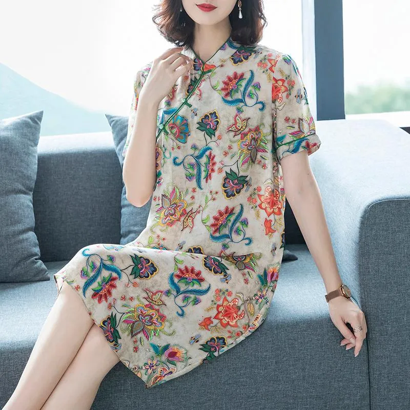 Vestidos casuais festas femininas vintage elegantes estampas florais de estilo chinês Cheongsam Summer Ladies Loose A-Line Mini Vestidoscasual