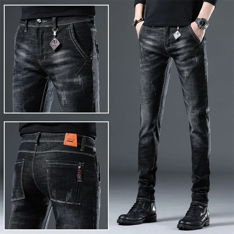 Mens högkvalitativa klassiska affärer jeans, elastiska tvättade denimbyxor, raka slim-fit repor decors mode casual jeans; 220328