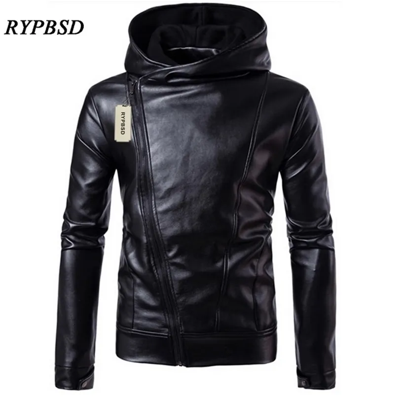 PU Leather Jacket Black Men Leather Jacket Hooded Zipper Men Coat Long Sleeve Turtleneck Faux Leather Jacket 201128