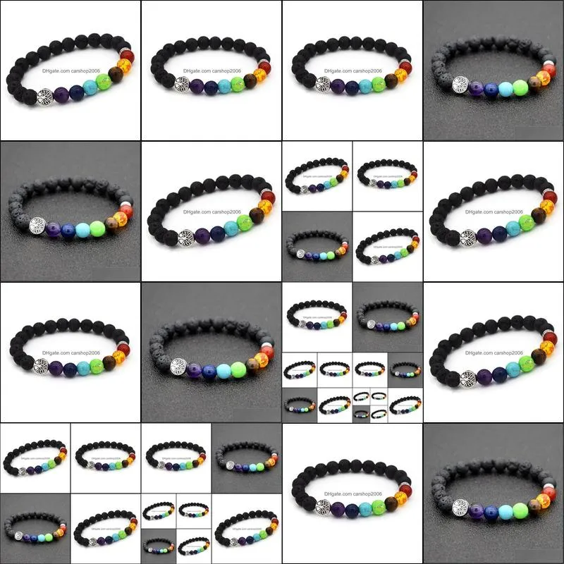 Natural lava Stone 7 Reiki Chakra Healing Balance Beads Tree Of Life Bracelet for Men Women Stretch Yoga Jewelry