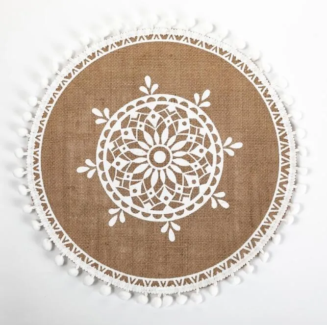 Boho redonda juta trançada placemats tabela tapetes de mesa de algodão de algodão lavável resistente ao calor com tamel de círculo de tape