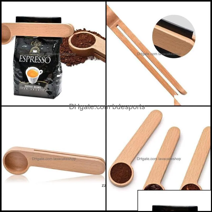 Spoons Flatware Kitchen Dining Bar Home Garden Spoon Wood Coffee Scoop With Bag Clip Tablespoon Solid Beech Wooden Measuring Scoops Tea