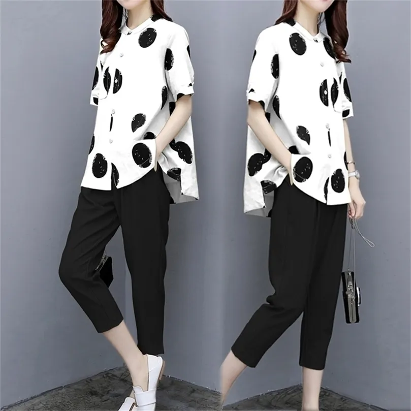 Beyaz 2 Parça Set Kıyafetleri Polka Dot Üst ve Pantolon Takım Eşleşen Kadınlar için Plus Boyut Yaz Yaz Traild Set Giysileri 210331