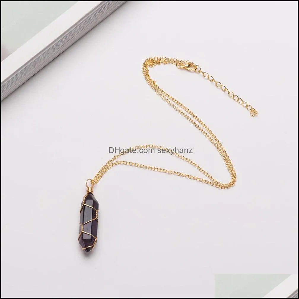 hexagonal cylindrical crystal necklace natural stone pendant wire wrap necklace for women men fashion jewelry