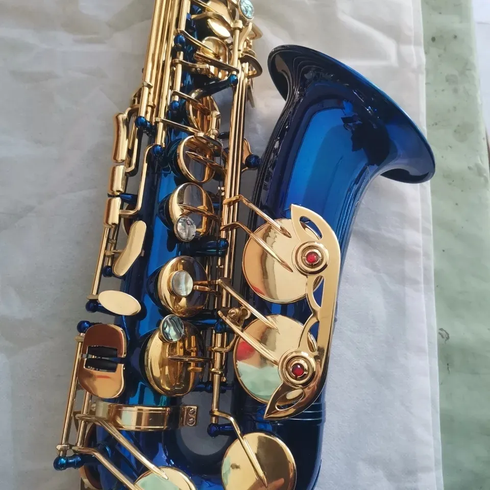 Artisanat européen e-flat professionnel alto saxophone ciel bleu profond tube sculpté corpore en or instrument de sax alto plaqué or