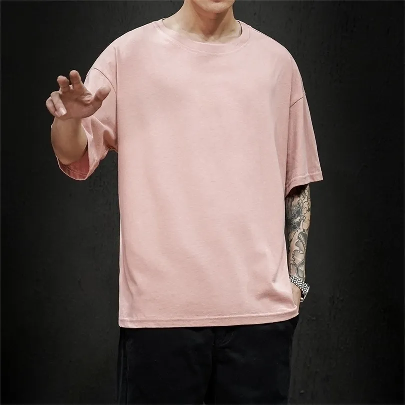 100 ٪ Cotton Summer Mens T Shirt Solid T Shirt Mens كبير الحجم خمسة نصف الأكمام القصير القطن عارضة رجال الشارع أعلى المحملات 220521