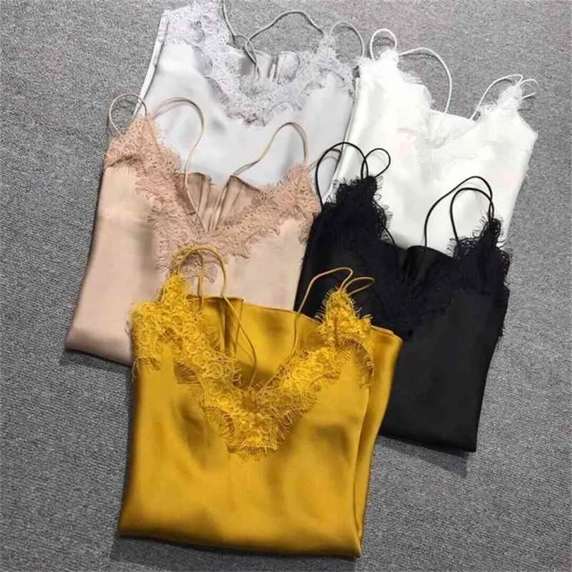 100% soie marque mode femmes haute luxe été élégant mince dentelle point soie camis débardeur 210326