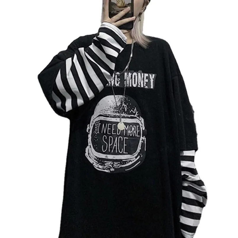 Autumn tshirt Casual Letter Print ONeck stripe Tees Creativity Loose TShirt Long Sleeve Oversize top Hip Hop Streetwear 220712