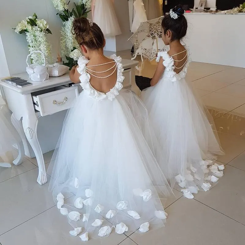 Girl's jurken schattig bloemen meisje jurk 2022 3d prinses baljurken backless eerste communie rokken wit parel kind bruiloft feest jurkirl '