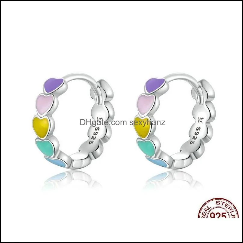 bamoer Genuine 925 Sterling Silver Rainbow Color Enamel Heart Hoop Earrings for Women 2020 New Ear Hoops Female Jewelry SCE909 20 w2