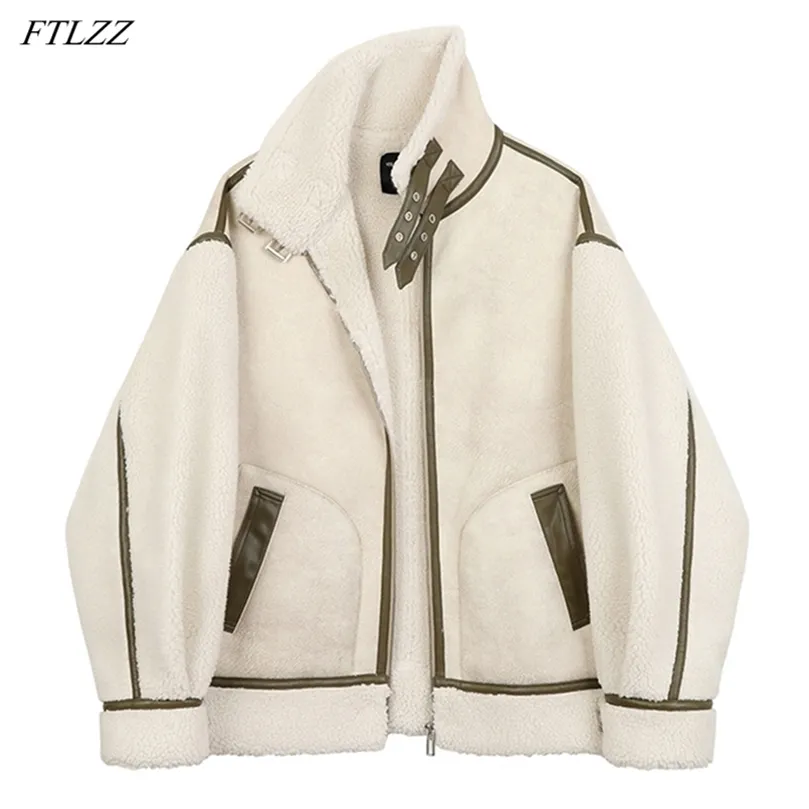 Ftlzz Winter Lambs Wool الربط بوست سترة جلدية نساء من الفراء ذوي الياقات الدافئة باركات سميكة الوقوف ذوي الياقات الفضائية معطف جلد فضفاض 210908