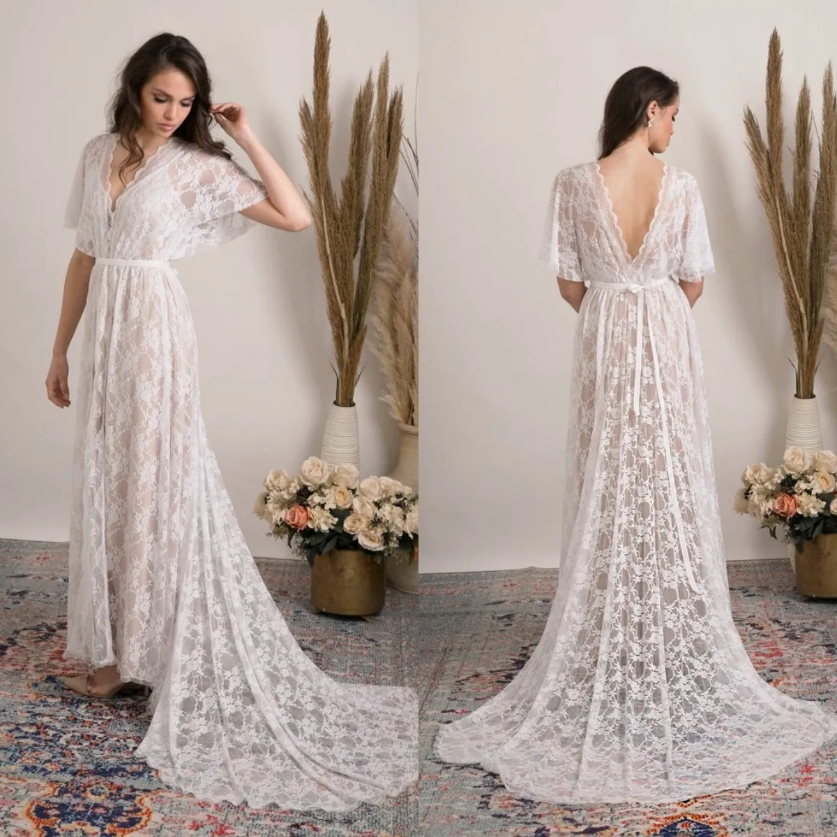 Vestidos de noiva boêmio para mulheres 2022 vestidos nupciais de renda elegante com treinar uma linha sem encosto praia robe de mariage