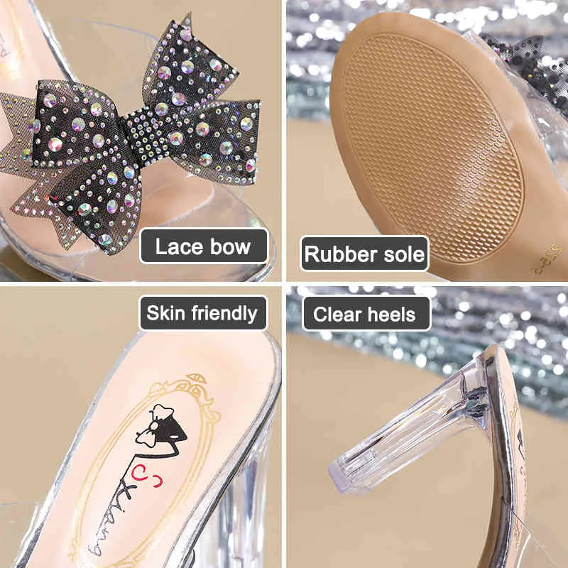 Heels Rimocy High Heels Crystal Bowtie Slippers Women 2022 Summer Open Toe Transparent Pvc Sandals Woman Clear Heels Party Slides Famous Designer