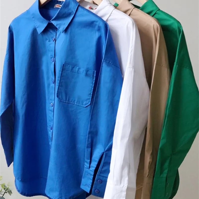 Spring Women's Oversized Blue Shirt White 100% Cotton Blouse Women Long Sleeve Loose Green Shirts Blouses Blusa 220513