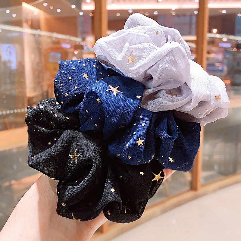 Yeni İpek Parlak Beyaz Mavi Yıldız Yay Scrunchies Şifon Kuyruk Halat Kadın Kızlar için Günlük Tüm Maç Elastik Şapkalar Saç Aksesuarları At Kuyruğu Tutucu Saç Bandı
