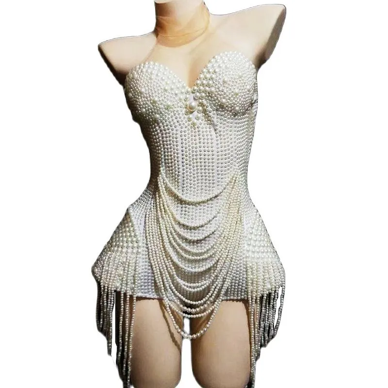 Abbigliamento da palcoscenico Costume con perline impreziosito Tuta di perle bianche Teatrale per le donne Party Bar Show Dance Nightclub OutfitStage