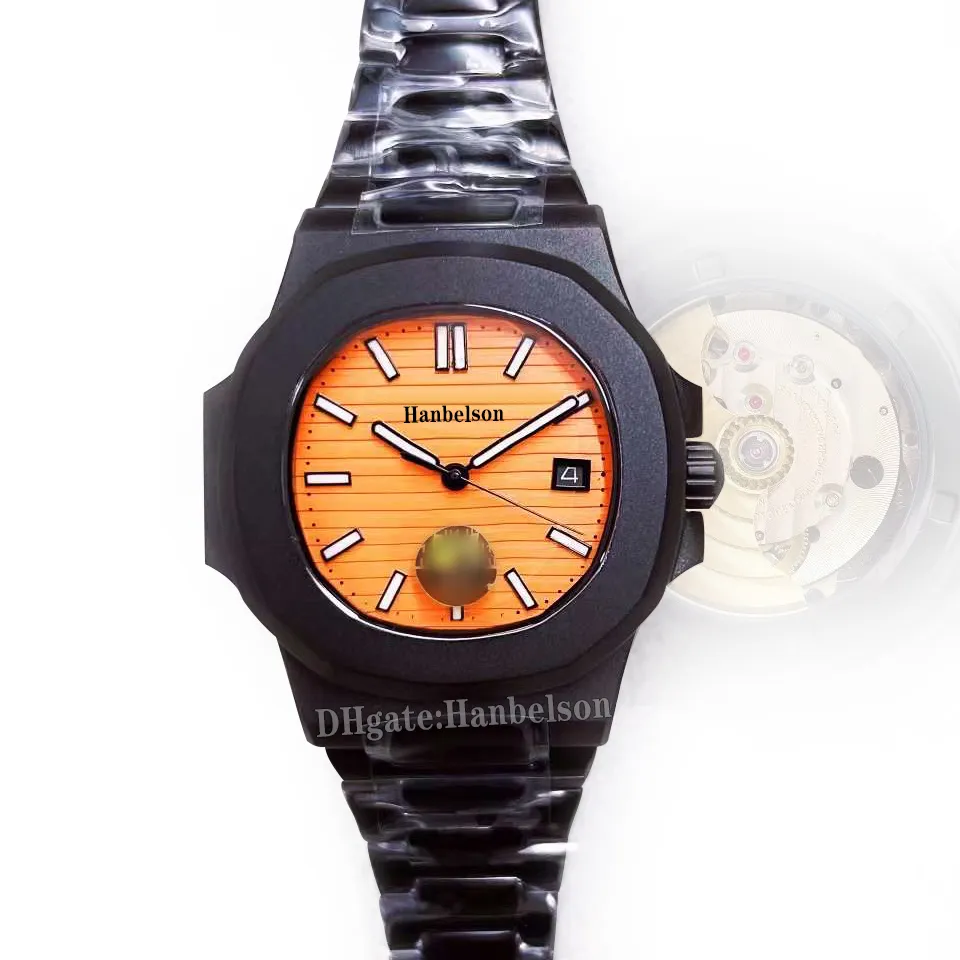 5711 Herren-Automatikuhren, leuchtendes orangefarbenes Zifferblatt, schwarzes Edelstahl-Herrenwerk Asia 2813, eingravierter Text, transparente mechanische Montre de Luxe-Armbanduhr