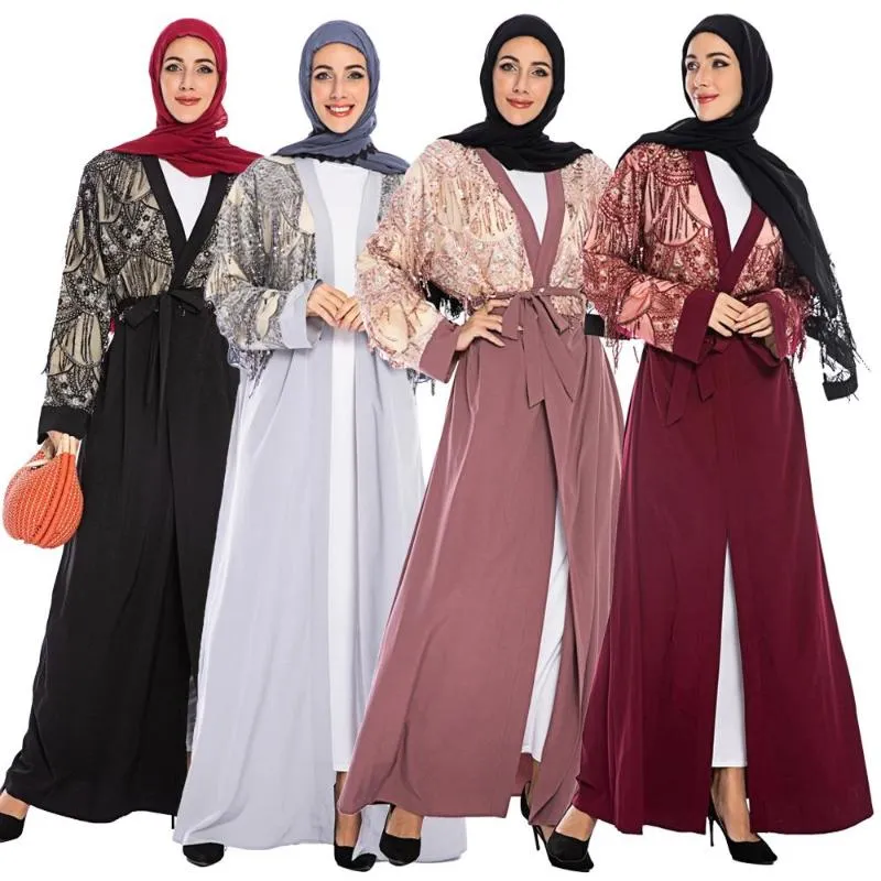 Ethnic Clothing Dubai Sequin Tassel Muslim Abaya Maxi Dress Open Cardigan Islamic Jilbab Robe Kimono Arab Patchwork Dresses With Belt Fashio