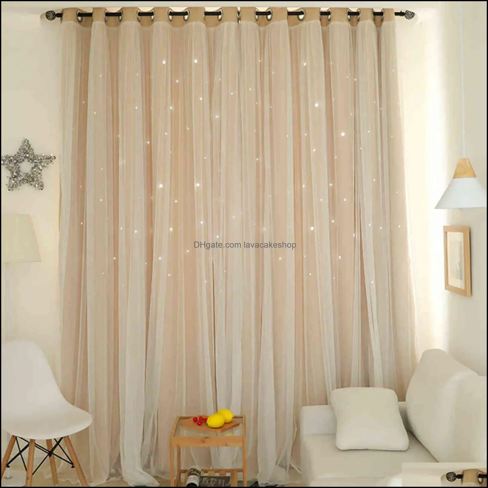 Hollow Star Thermal Insulated Blackout Curtains for Living Room Bedroom Window Curtain Blinds Stitched with white Voile 211103