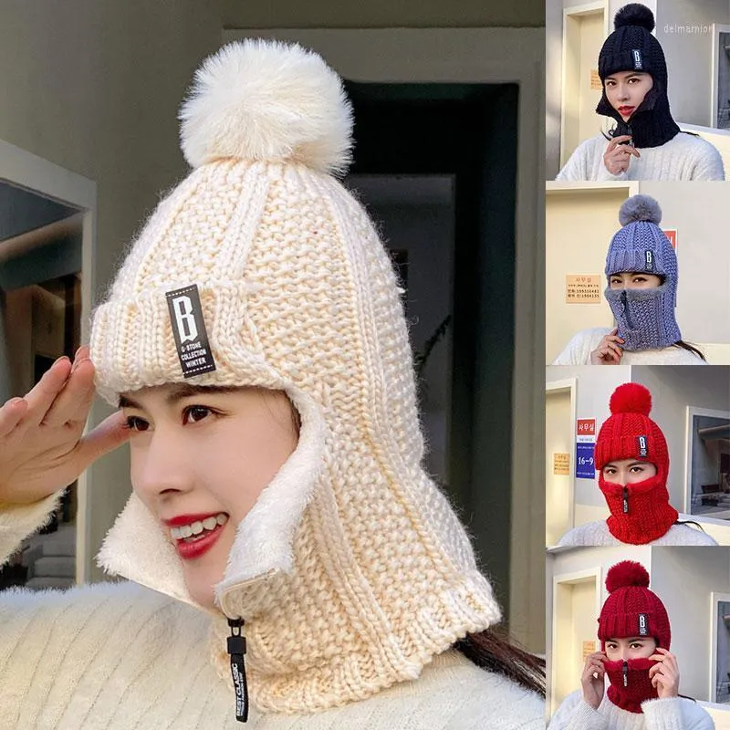 Beanie/Skull Caps Winter Women Knitted Hats Add Fur Lined Warm For With Zipper Keep Face Warmer Balaclava Pompoms Cap Hat Delm22