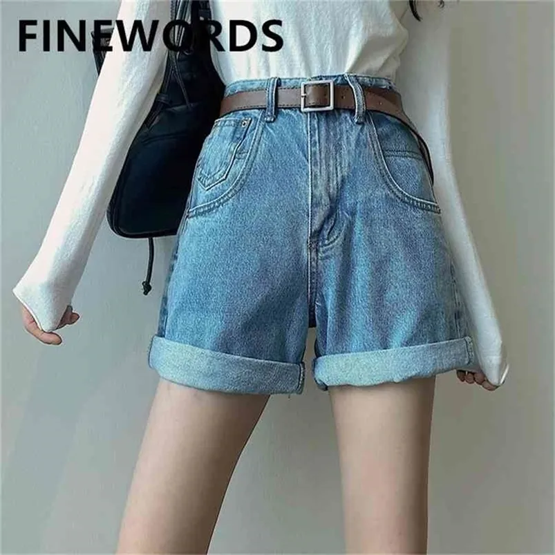 FIORDS Classic Washed Blue High Waist Shorts Jeans Damen Sommer Strand Denim Koreanisch Casual Wide Leg Cuff 210719