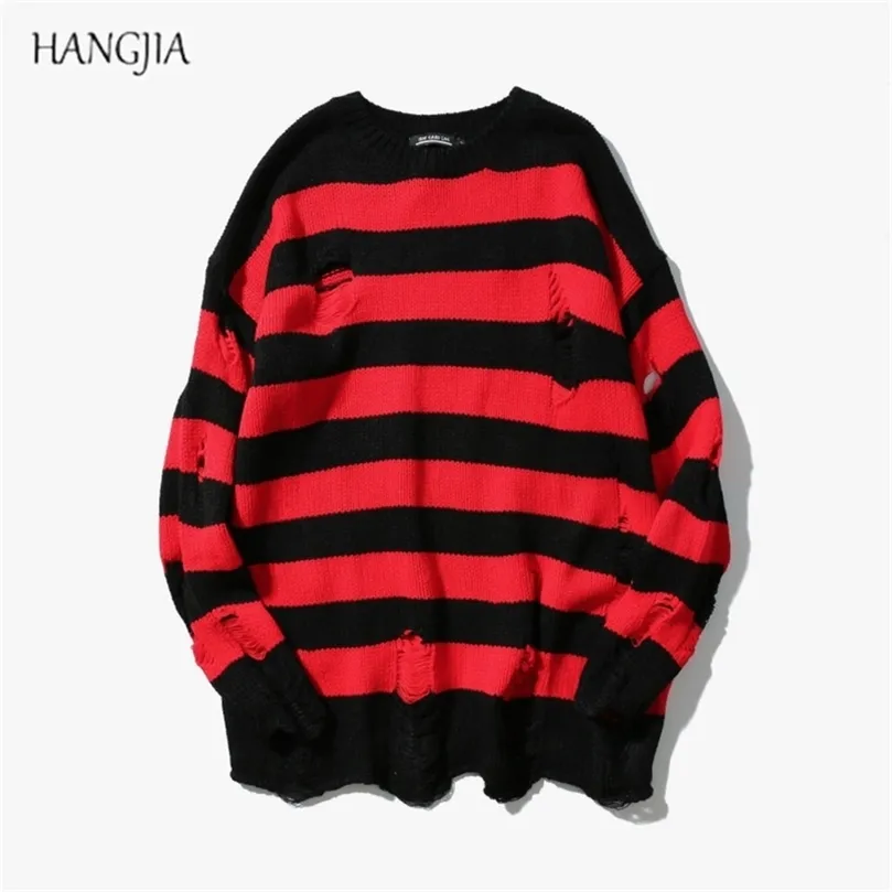 Black Red Striped Sweaters Washed Destroyed Ripped Sweater Men Hole Knit Jumpers Men Women Oversized Sweater Harajuku 210820