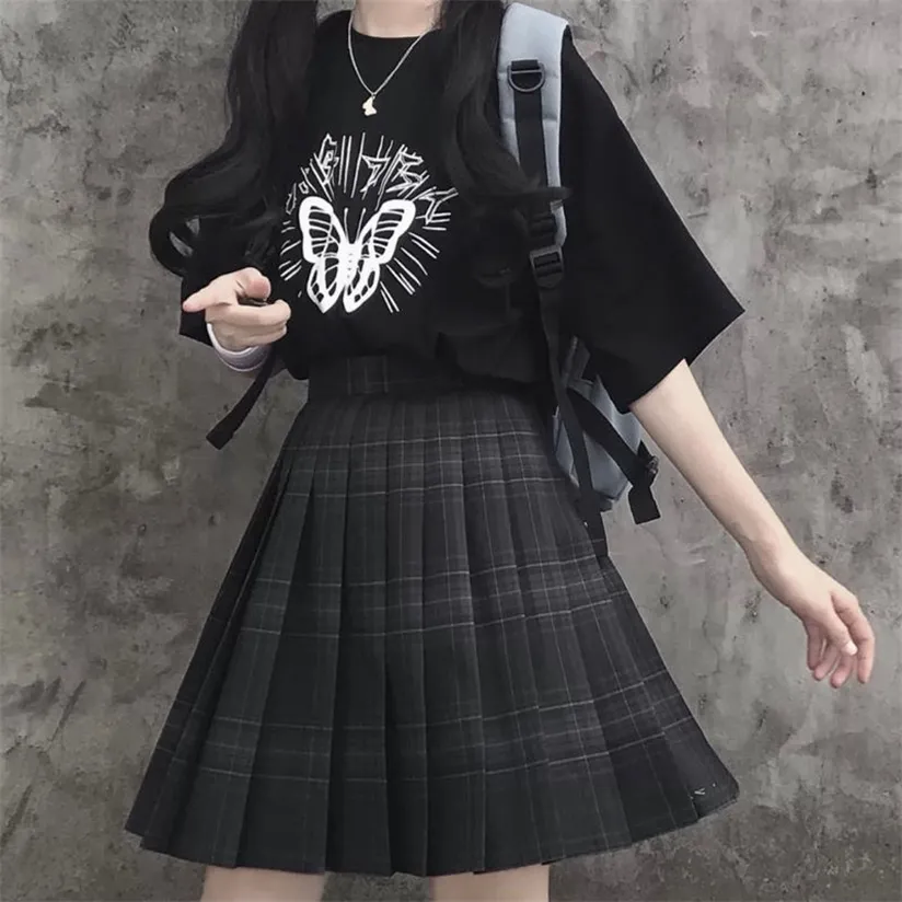 Houzhou Gothic Black Plaid Kjol Kvinnor Kawaii Harajuku High Waist Pläterad Mini Kjolar Japansk skol Uniform Preppy Style JK 220322