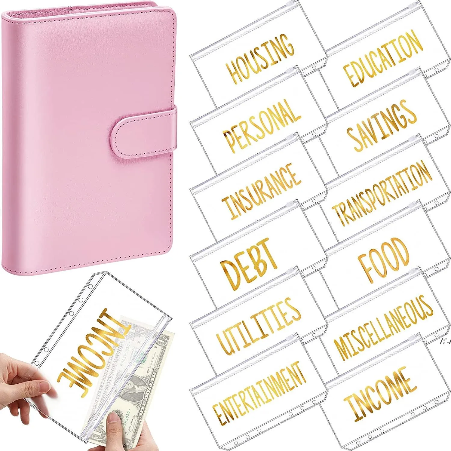 A6 PU Binder Borne Orçamento Dinheiro Organizador Pessoal Carteira 12 Bolsos Bolsos Dobradores Zipper para Planner Saving Money Jle13950