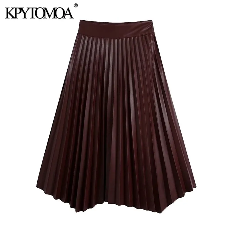 KPYTOMOA Women Chic Fashion Faux Leather Pleated Asymmetric Midi Kjol Vintage High midje Sidan blixtlås Kvinnor Mujer 210331