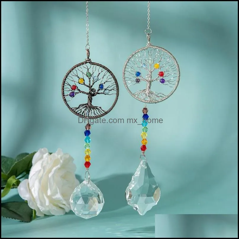 Colorful Tree of Life 7 Chakra Crystal Ball Window Hanging Pendant Chandelier Wedding Decor Christmas Prism Ornaments