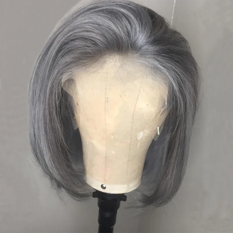 Perruques frontales de cheveux humains de couleur grise transparent hd brésilien droit court gris Bob dentelle avant fermeture frontale perruque pour femmes cuticules vierges brutes alignées 150% densité