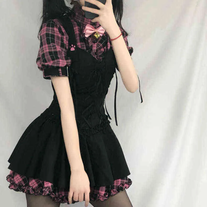 Robes d'été Emo pour les femmes à carreaux Goth Alt Kawaii rose vêtements à manches courtes sangle robe mi-longue Lolita Harajuku Cottagecore Y2K G220414