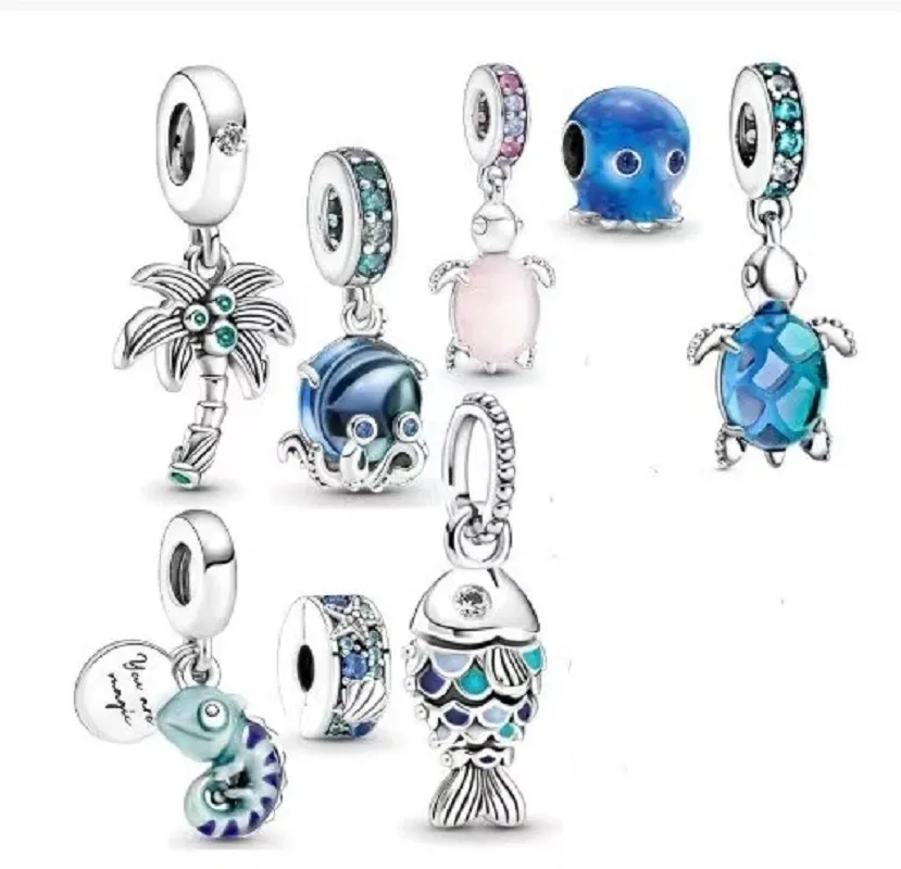 En gros 20 pcs Tortue Poulpe Poisson Coquille Perle De Noix De Coco Argent Charmes Pendentif Perles Fit Pandora Bracelet Européen Charme Perles Bijoux DIY