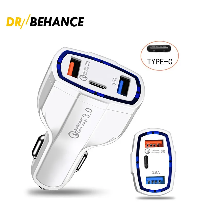 QC3.0 chargeurs de voiture à charge rapide avec LED Halo Light type-c PD chargeur de voiture pour téléphone 13 noir blanc