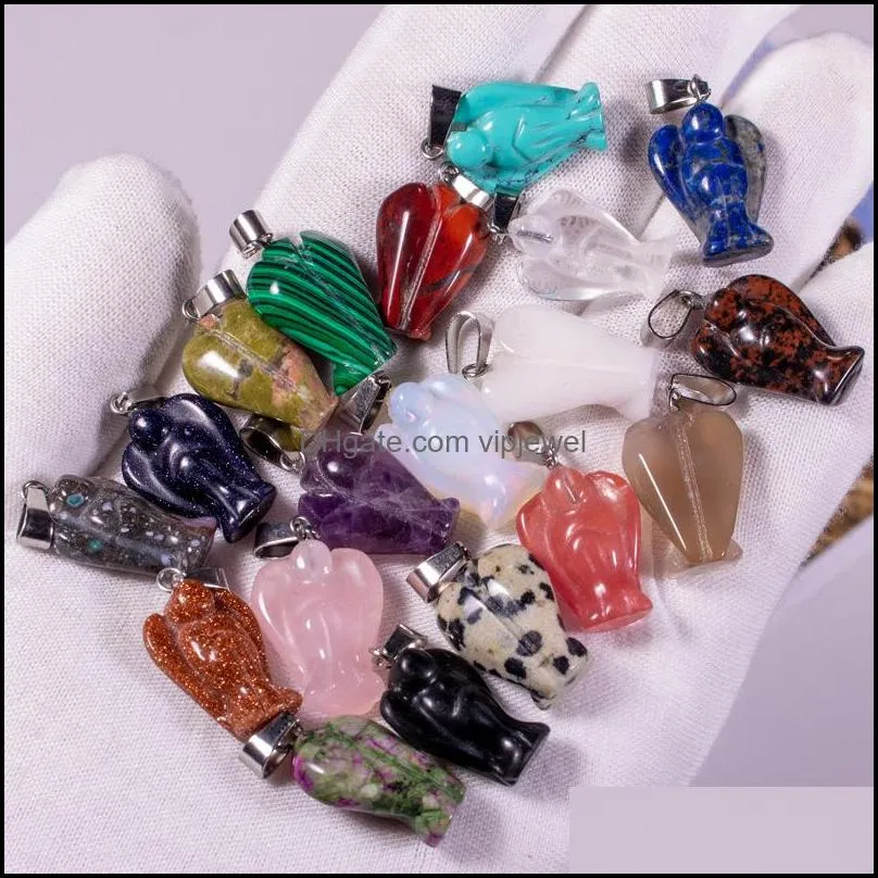 Charms Jewelry Findings Components Natural Stone Angel Rose Quartz Tigers Eye Opal Pendants Crystal Clear C Dhufb