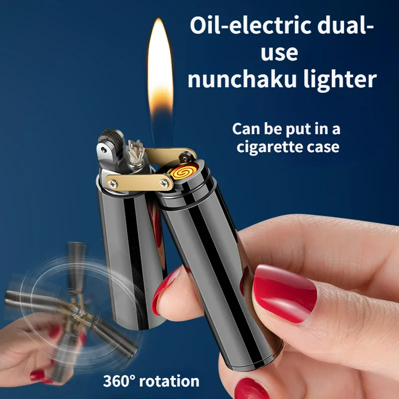 Newest Oil Electric Dual-use Nunchaku Flint Lighter Recharge Inflated Fingertip Decompression Artifact Creative Kerosene Lighter Gift Gadgets
