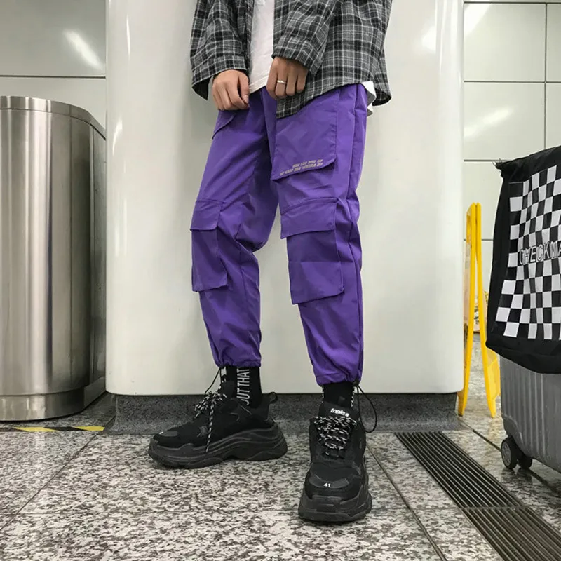 Purple Men Cargo Pants Spring Loose Hip Hop Joggers Trousers Pockets  Overalls Fashion Student Sweatpants Korean Male Streetwear 220816