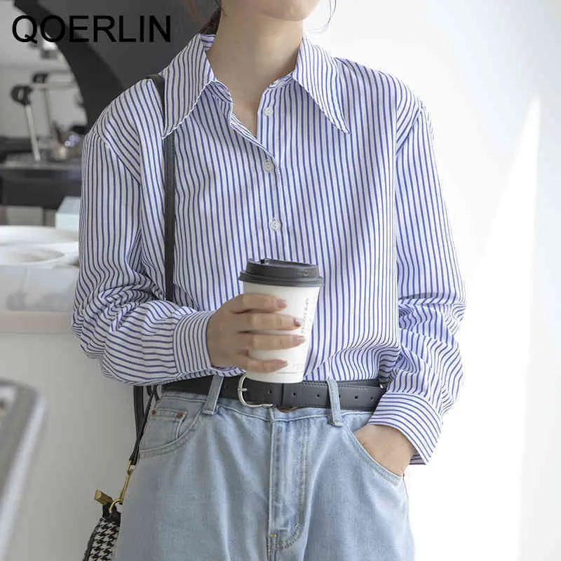 QOERLIN Blue Vertical Striped Shirt Female Spring Long Sleeve Shirt Top Workwear Plus Size Blouse Office Ladies Formal 210412