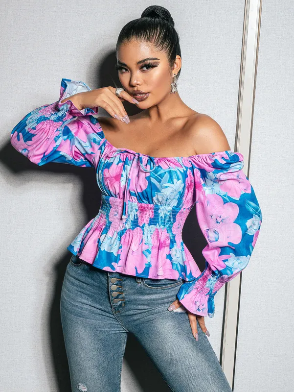 GlMaker Summer Floral Off Shoulder Holiday Short Blouse vrouwen sexy ruches ruches mini shirt elegante smokkelen 220602